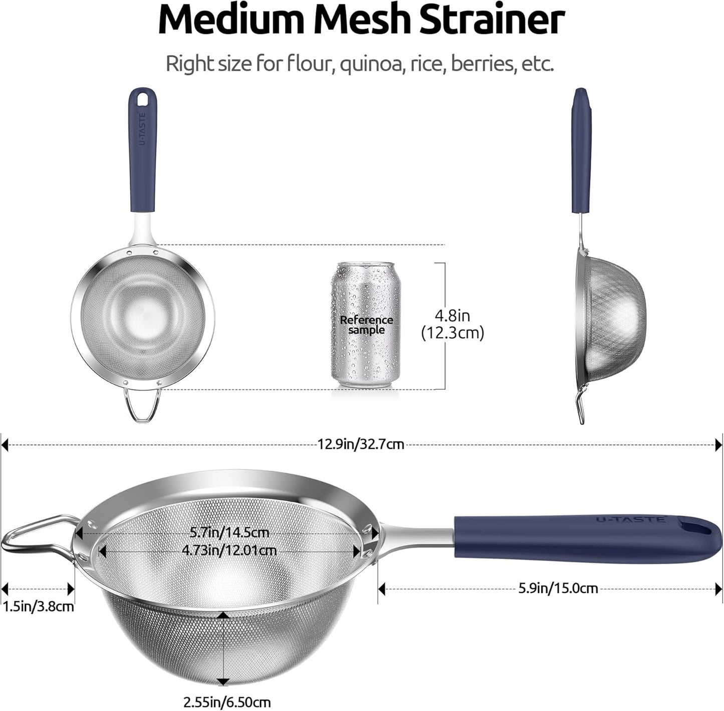 Medium Fine Mesh Strainer: 18/8 Stainless Steel 4.73in 30 Mesh Kitchen Food Sieve with Sturdy Riveted Silicone Handle, Heavy Duty Deep Handheld Metal Colander for Rice, Quinoa, Flour(Aqua Sky)