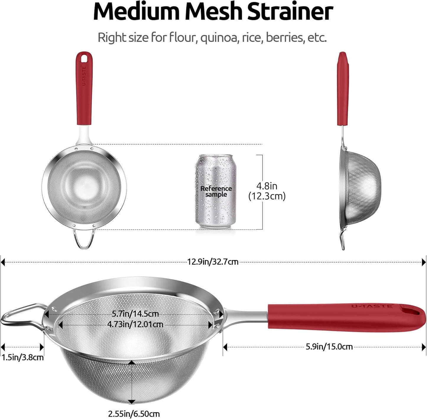 Medium Fine Mesh Strainer: 18/8 Stainless Steel 4.73in 30 Mesh Kitchen Food Sieve with Sturdy Riveted Silicone Handle, Heavy Duty Deep Handheld Metal Colander for Rice, Quinoa, Flour(Aqua Sky)