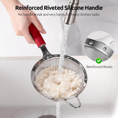 Medium Fine Mesh Strainer: 18/8 Stainless Steel 4.73in 30 Mesh Kitchen Food Sieve with Sturdy Riveted Silicone Handle, Heavy Duty Deep Handheld Metal Colander for Rice, Quinoa, Flour(Aqua Sky)