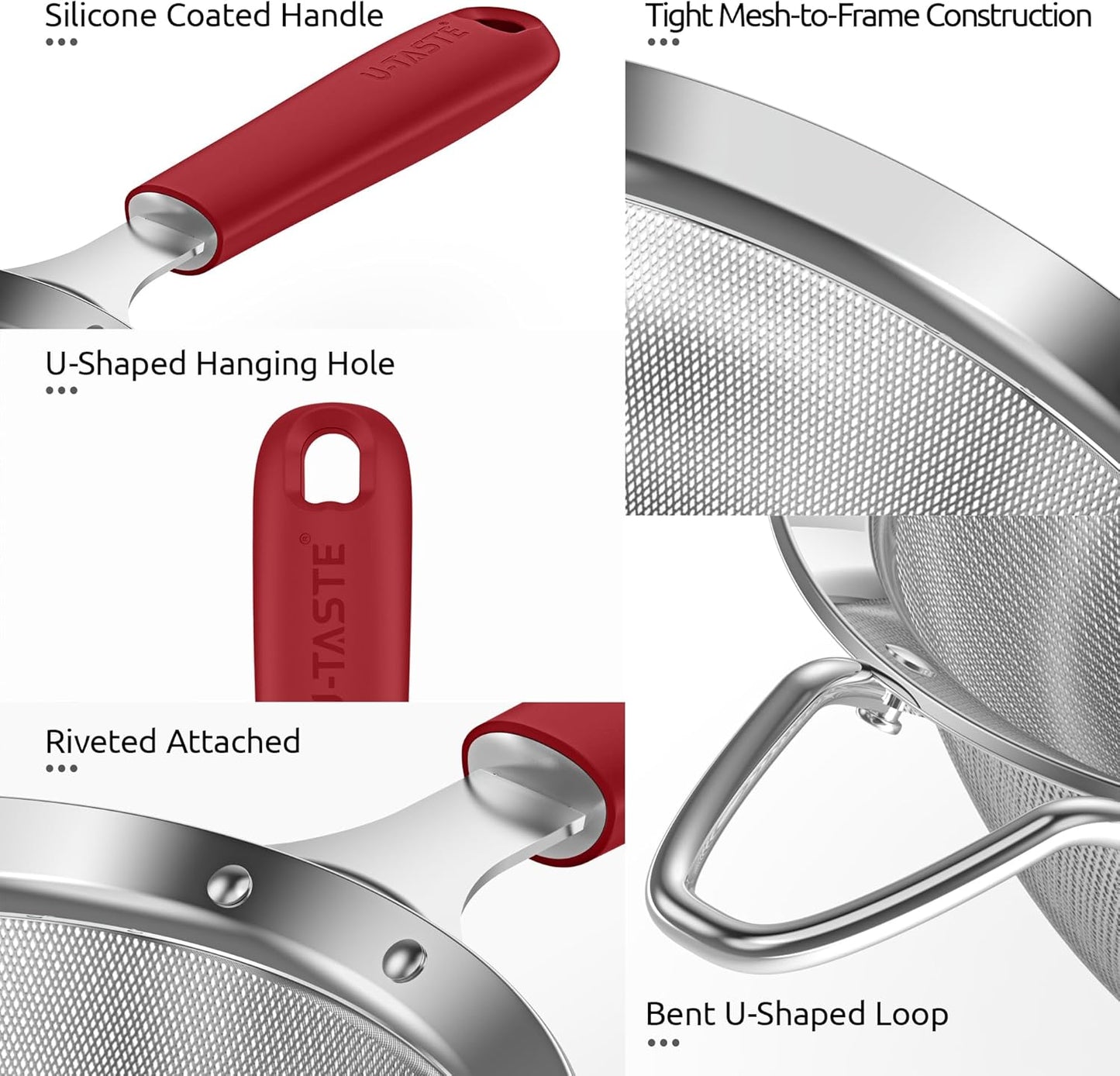 Medium Fine Mesh Strainer: 18/8 Stainless Steel 4.73in 30 Mesh Kitchen Food Sieve with Sturdy Riveted Silicone Handle, Heavy Duty Deep Handheld Metal Colander for Rice, Quinoa, Flour(Aqua Sky)