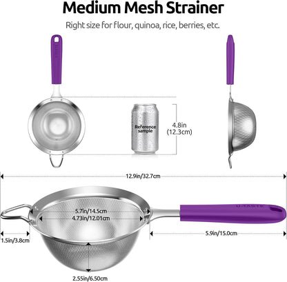 Medium Fine Mesh Strainer: 18/8 Stainless Steel 4.73in 30 Mesh Kitchen Food Sieve with Sturdy Riveted Silicone Handle, Heavy Duty Deep Handheld Metal Colander for Rice, Quinoa, Flour(Aqua Sky)