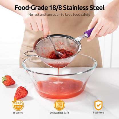 Medium Fine Mesh Strainer: 18/8 Stainless Steel 4.73in 30 Mesh Kitchen Food Sieve with Sturdy Riveted Silicone Handle, Heavy Duty Deep Handheld Metal Colander for Rice, Quinoa, Flour(Aqua Sky)