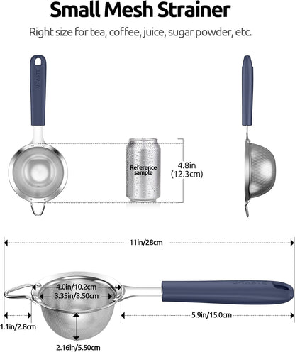 Medium Fine Mesh Strainer: 18/8 Stainless Steel 4.73in 30 Mesh Kitchen Food Sieve with Sturdy Riveted Silicone Handle, Heavy Duty Deep Handheld Metal Colander for Rice, Quinoa, Flour(Aqua Sky)
