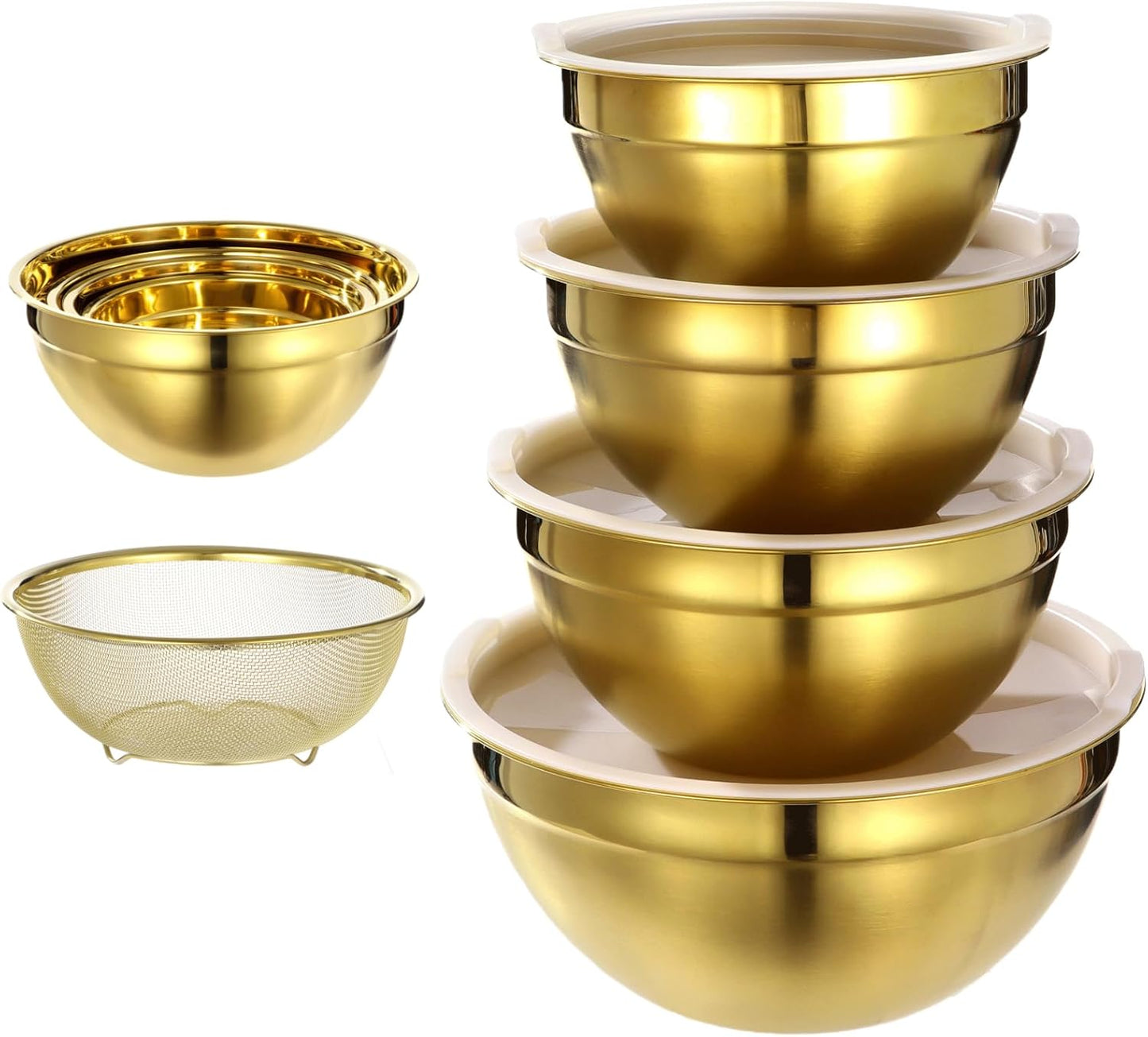 5 PCS Golden Mixing Bowls, Stainless Steel Salad Bowls with Airtight Lids, Mirror Finish Nested Mixing Bowl Set with Mesh Strainer, 4 Bowl Sizes for Baking, Meal Prep, Food Serving