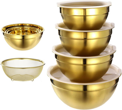 5 PCS Golden Mixing Bowls, Stainless Steel Salad Bowls with Airtight Lids, Mirror Finish Nested Mixing Bowl Set with Mesh Strainer, 4 Bowl Sizes for Baking, Meal Prep, Food Serving