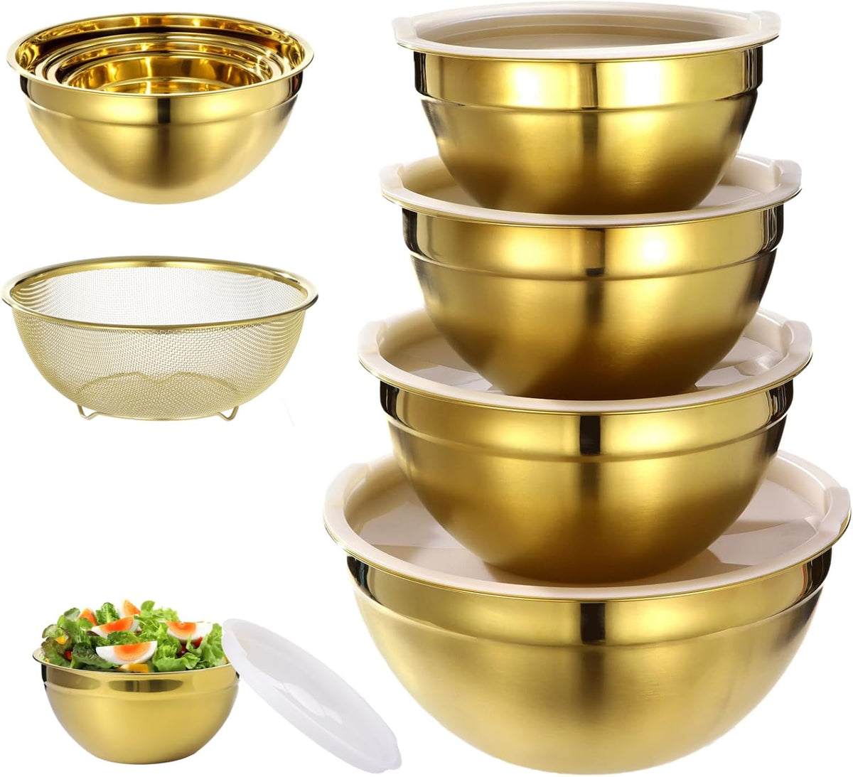 5 PCS Golden Mixing Bowls, Stainless Steel Salad Bowls with Airtight Lids, Mirror Finish Nested Mixing Bowl Set with Mesh Strainer, 4 Bowl Sizes for Baking, Meal Prep, Food Serving