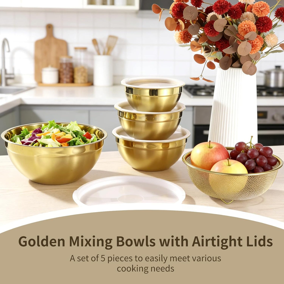 5 PCS Golden Mixing Bowls, Stainless Steel Salad Bowls with Airtight Lids, Mirror Finish Nested Mixing Bowl Set with Mesh Strainer, 4 Bowl Sizes for Baking, Meal Prep, Food Serving