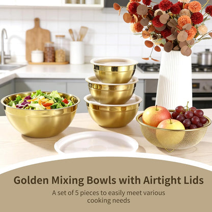 5 PCS Golden Mixing Bowls, Stainless Steel Salad Bowls with Airtight Lids, Mirror Finish Nested Mixing Bowl Set with Mesh Strainer, 4 Bowl Sizes for Baking, Meal Prep, Food Serving