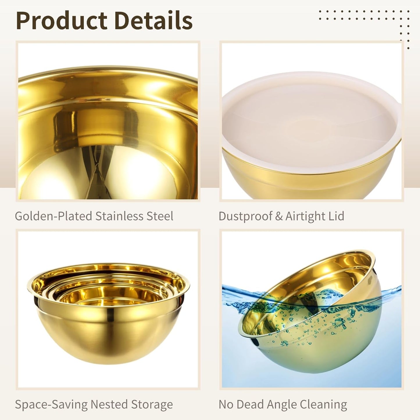 5 PCS Golden Mixing Bowls, Stainless Steel Salad Bowls with Airtight Lids, Mirror Finish Nested Mixing Bowl Set with Mesh Strainer, 4 Bowl Sizes for Baking, Meal Prep, Food Serving