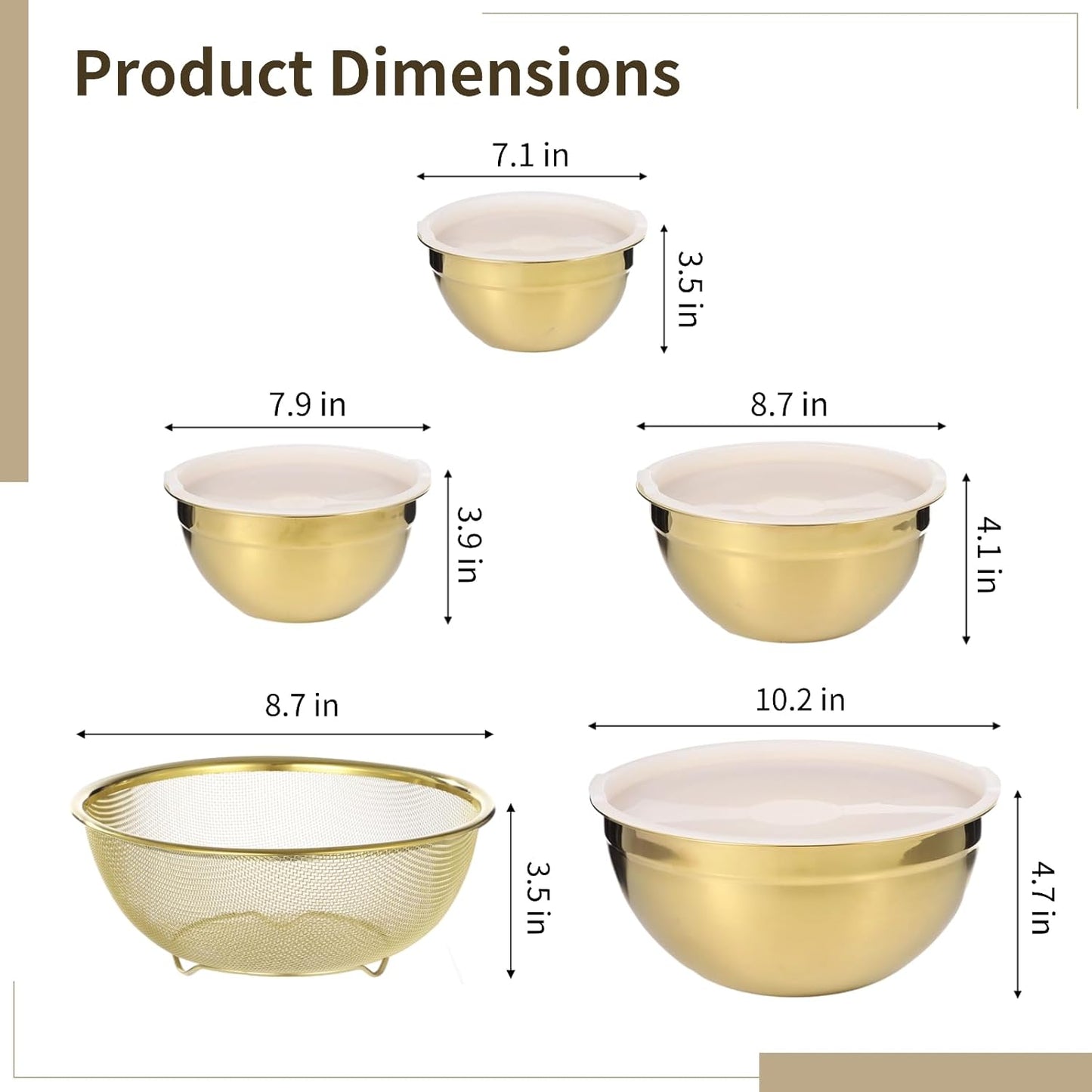 5 PCS Golden Mixing Bowls, Stainless Steel Salad Bowls with Airtight Lids, Mirror Finish Nested Mixing Bowl Set with Mesh Strainer, 4 Bowl Sizes for Baking, Meal Prep, Food Serving