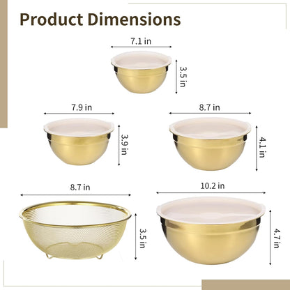 5 PCS Golden Mixing Bowls, Stainless Steel Salad Bowls with Airtight Lids, Mirror Finish Nested Mixing Bowl Set with Mesh Strainer, 4 Bowl Sizes for Baking, Meal Prep, Food Serving