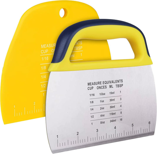 Dough Scraper Chopper 2 Pcs, Stainless Steel Dough Cutter With Grip, Plastic Bench Scraper with Measuring Scale, Multipurpose Pizza Cutter, Pastry, Food Scraper for Baking, Dough, Bread, Cake