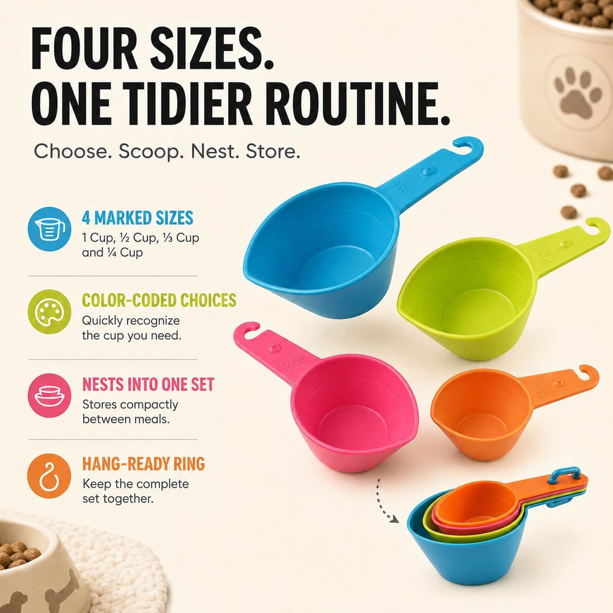 Cat Food Measuring Cup Set, 4-Piece Pet Food Scoops for Dogs & Cats