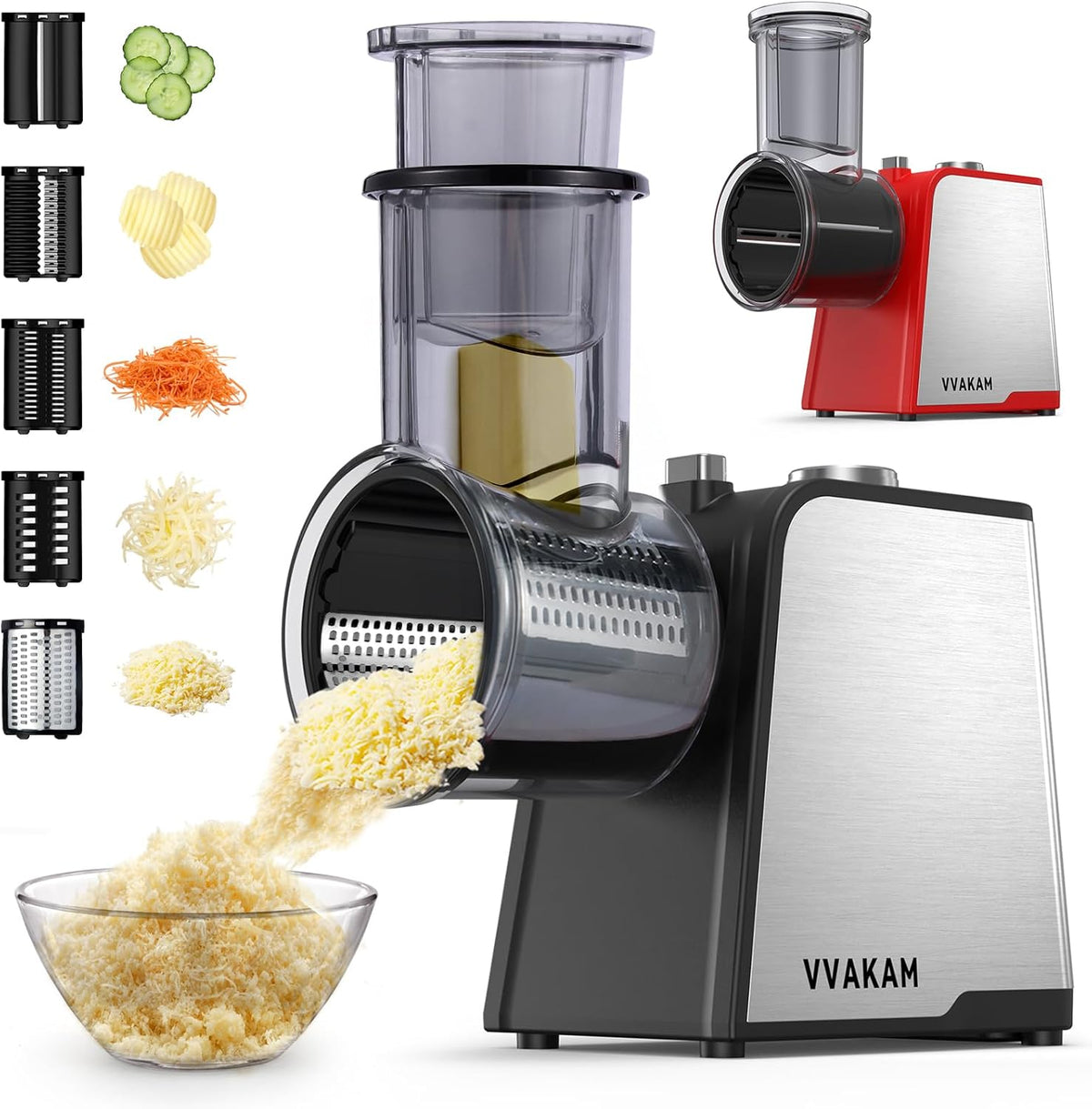 5-In-1 Electric Cheese Grater,300W Salad Maker,Electric Grater for Block Cheese,Kitchen Electric Food Slicer Shredder,Chopper for Vegetables Cucumber Carrots Cabbage Nuts(Black)