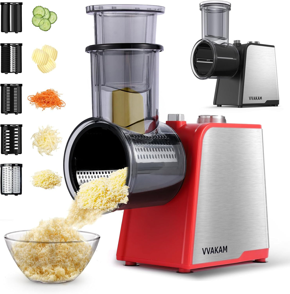 5-In-1 Electric Cheese Grater,300W Salad Maker,Electric Grater for Block Cheese,Kitchen Electric Food Slicer Shredder,Chopper for Vegetables Cucumber Carrots Cabbage Nuts(Black)