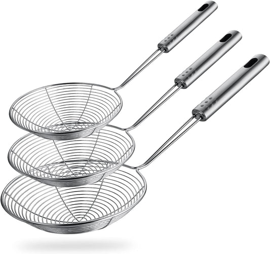 Spider Strainer Skimmer Spoon, Set of 3 Sizes Frying Spoon Stainless Steel Fryer Scoop Wire Strainer Ladle with Long Handle for Kitchen Frying Cooking Food Pasta