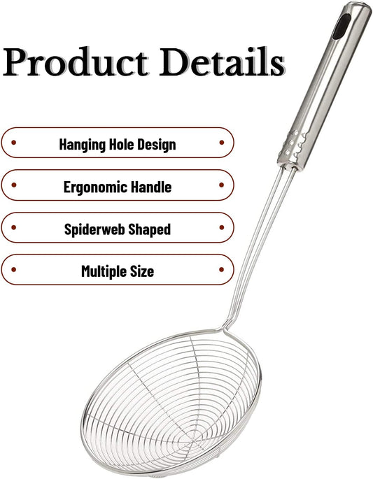 Spider Strainer Skimmer Spoon, Set of 3 Sizes Frying Spoon Stainless Steel Fryer Scoop Wire Strainer Ladle with Long Handle for Kitchen Frying Cooking Food Pasta