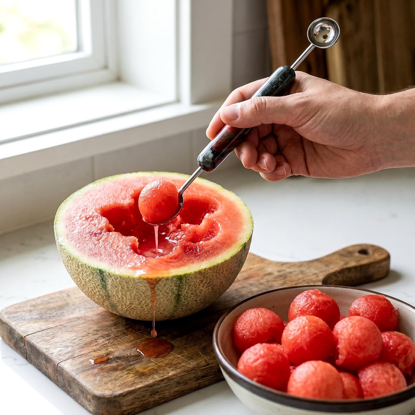 Premium Dual-Ended Melon Baller with Natural Stone Handle, Stainless Steel Watermelon Scoop Tool for Fruit Balls, Cantaloupe, Honeydew, Dragon Fruit, Salad and Dessert Garnish