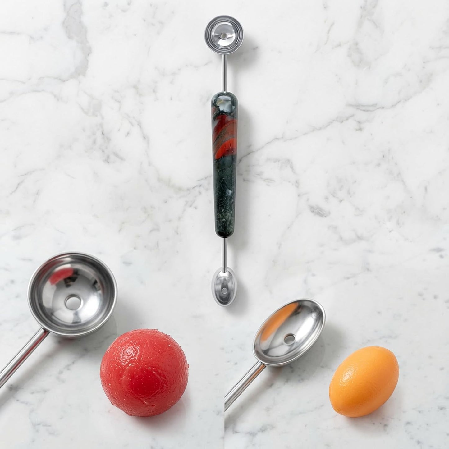 Premium Dual-Ended Melon Baller with Natural Stone Handle, Stainless Steel Watermelon Scoop Tool for Fruit Balls, Cantaloupe, Honeydew, Dragon Fruit, Salad and Dessert Garnish