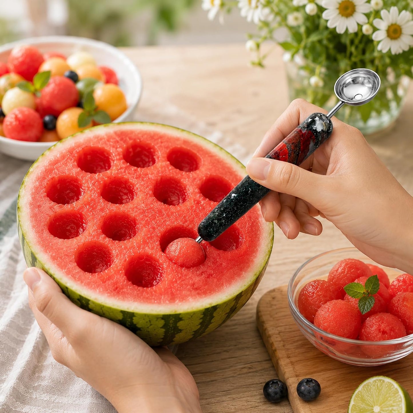Premium Dual-Ended Melon Baller with Natural Stone Handle, Stainless Steel Watermelon Scoop Tool for Fruit Balls, Cantaloupe, Honeydew, Dragon Fruit, Salad and Dessert Garnish
