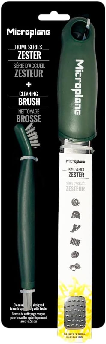 Home Series Zester & Cleaning Brush - Stainless Steel Citrus, Cheese, Ginger, Chocolate, Nutmeg Grater - Soft-Touch Handle - Made in USA - Rosemary Green