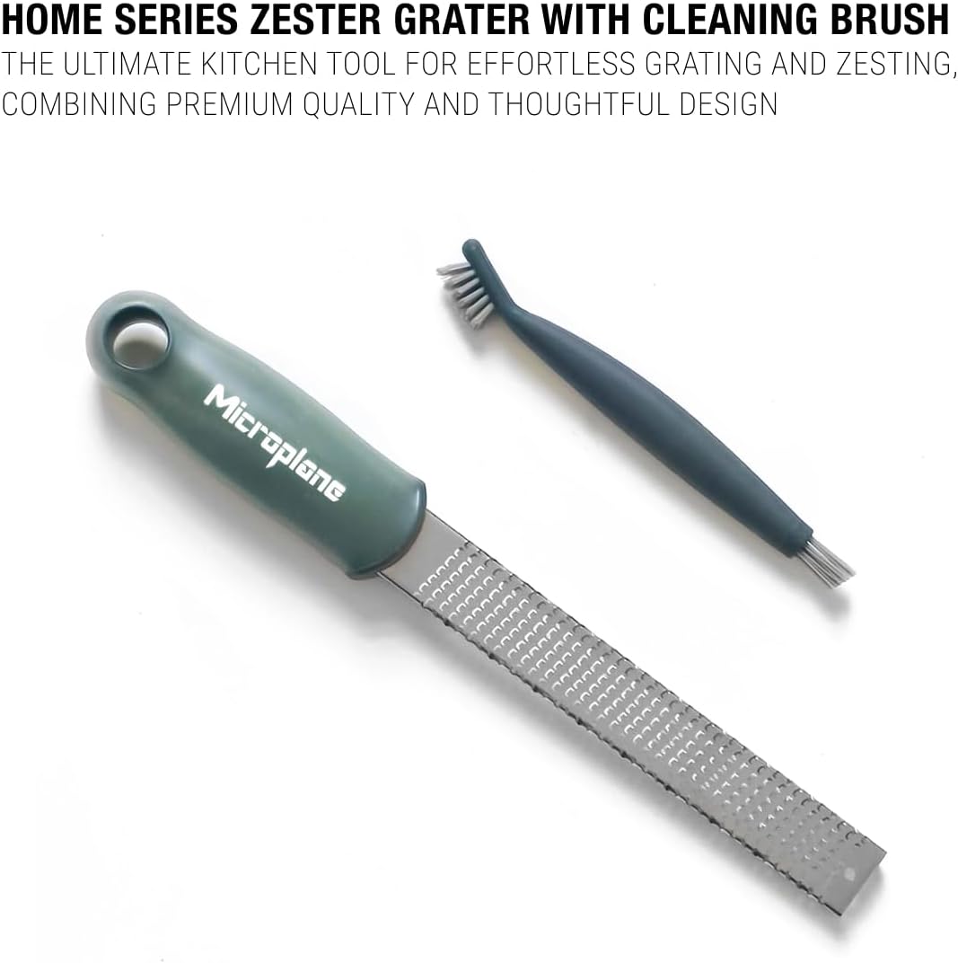 Home Series Zester & Cleaning Brush - Stainless Steel Citrus, Cheese, Ginger, Chocolate, Nutmeg Grater - Soft-Touch Handle - Made in USA - Rosemary Green