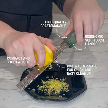 Home Series Zester & Cleaning Brush - Stainless Steel Citrus, Cheese, Ginger, Chocolate, Nutmeg Grater - Soft-Touch Handle - Made in USA - Rosemary Green