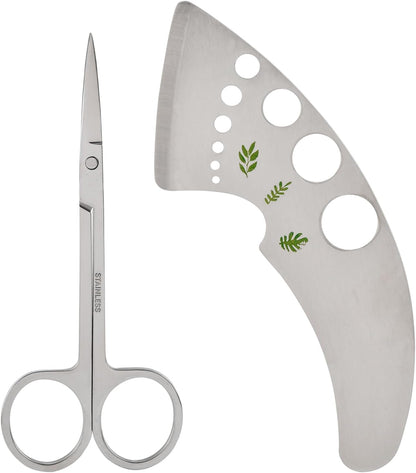 Herb Stripper Tool 9 Holes, Stainless Steel Kitchen Herb Stripping Tool with Scissor, Metal Leaf Pealer for Kale, Chard, Collard Greens, Rosemary, Thyme, Parsley(COLOR:Silver)