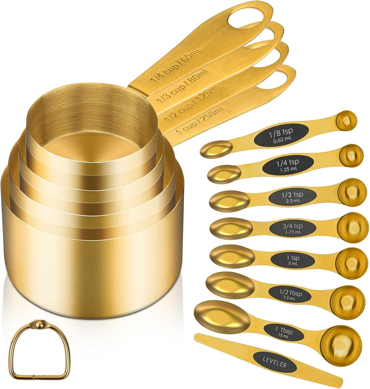 Gold Magnetic Measuring Spoons and Cups Set of 12, 8 Dual Sided Magnetic Measuring Spoons set with Leveler, 4 Measuring Cups, Premium Stainless Steel, Measuring for Liquid and Dry Ingredients