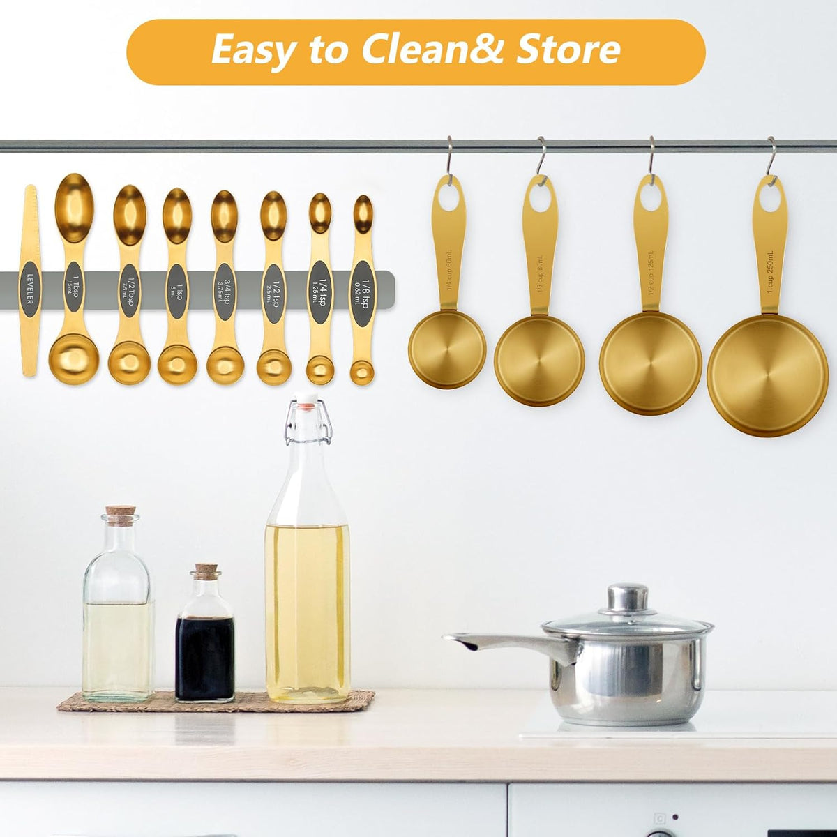 Gold Magnetic Measuring Spoons and Cups Set of 12, 8 Dual Sided Magnetic Measuring Spoons set with Leveler, 4 Measuring Cups, Premium Stainless Steel, Measuring for Liquid and Dry Ingredients
