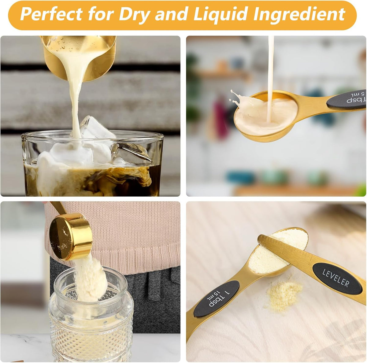 Gold Magnetic Measuring Spoons and Cups Set of 12, 8 Dual Sided Magnetic Measuring Spoons set with Leveler, 4 Measuring Cups, Premium Stainless Steel, Measuring for Liquid and Dry Ingredients