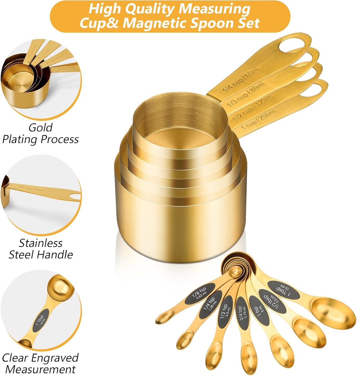Gold Magnetic Measuring Spoons and Cups Set of 12, 8 Dual Sided Magnetic Measuring Spoons set with Leveler, 4 Measuring Cups, Premium Stainless Steel, Measuring for Liquid and Dry Ingredients