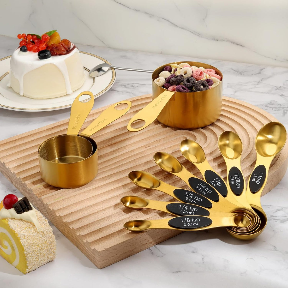 Gold Magnetic Measuring Spoons and Cups Set of 12, 8 Dual Sided Magnetic Measuring Spoons set with Leveler, 4 Measuring Cups, Premium Stainless Steel, Measuring for Liquid and Dry Ingredients