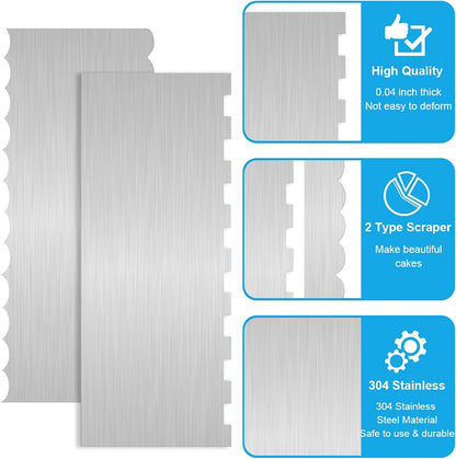 2 Pc 9 Inches Stainless Steel Cake Scraper Cake Decorating Tools Edge Side Jagged Wave Double Sided Patterned Comb Metal Cake Carving Smoothing Cream Pastry Baking(9 x 3.5 Inches)