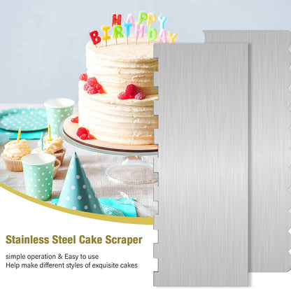 2 Pc 9 Inches Stainless Steel Cake Scraper Cake Decorating Tools Edge Side Jagged Wave Double Sided Patterned Comb Metal Cake Carving Smoothing Cream Pastry Baking(9 x 3.5 Inches)