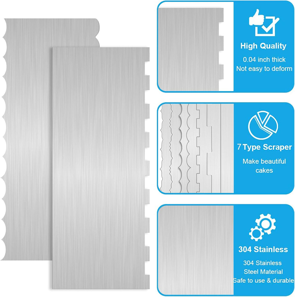 2 Pc 9 Inches Stainless Steel Cake Scraper Cake Decorating Tools Edge Side Jagged Wave Double Sided Patterned Comb Metal Cake Carving Smoothing Cream Pastry Baking(9 x 3.5 Inches)