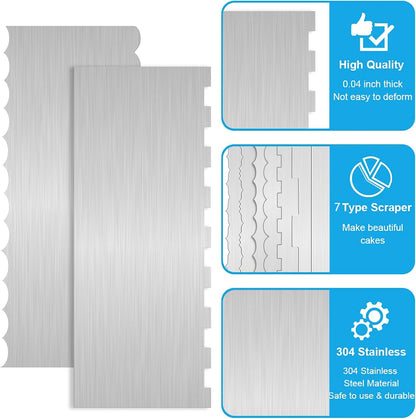 2 Pc 9 Inches Stainless Steel Cake Scraper Cake Decorating Tools Edge Side Jagged Wave Double Sided Patterned Comb Metal Cake Carving Smoothing Cream Pastry Baking(9 x 3.5 Inches)