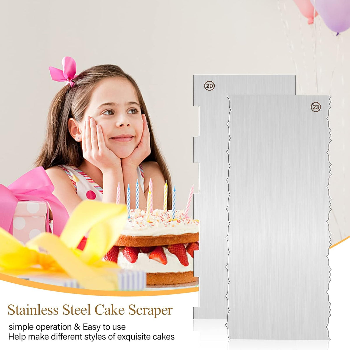 2 Pc 9 Inches Stainless Steel Cake Scraper Cake Decorating Tools Edge Side Jagged Wave Double Sided Patterned Comb Metal Cake Carving Smoothing Cream Pastry Baking(9 x 3.5 Inches)