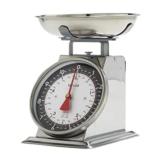 Mechanical Kitchen Food Scale with Bowl, Weighs Up to 11lbs, Measures in Grams and Ounces, Analog Cooking Scale for Baking, Black and Silver