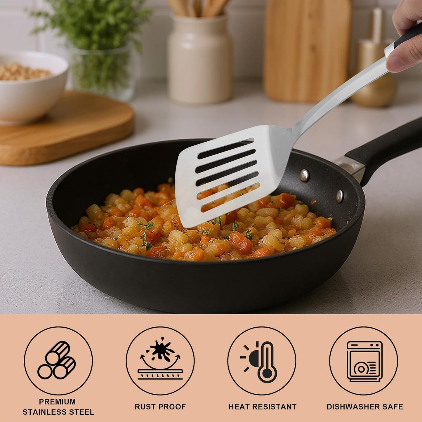 Stainless Steel Slotted Turner Spatula, Metal Spatula for Cast Iron & Stainless Steel Pans, Thin Edge Kitchen Turner for Eggs, Pancakes, Burgers, Dishwasher Safe