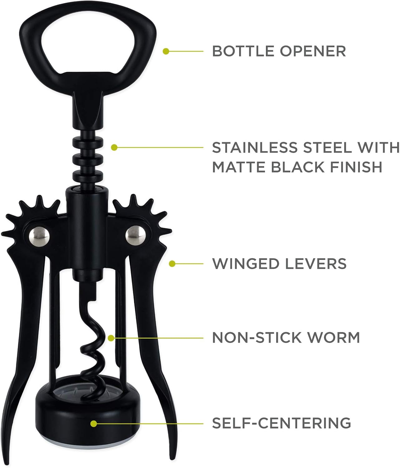 Soar Winged Corkscrew Wine Opener, Multi-Purpose Bottle Opener for Beer and Soda, Stainless Steel with Chrome Finish, Easy to Remove Cork for Bartenders, Home Bar, Kitchen, Set of 1, Matte Black