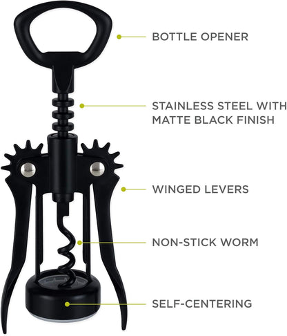 Soar Winged Corkscrew Wine Opener, Multi-Purpose Bottle Opener for Beer and Soda, Stainless Steel with Chrome Finish, Easy to Remove Cork for Bartenders, Home Bar, Kitchen, Set of 1, Matte Black
