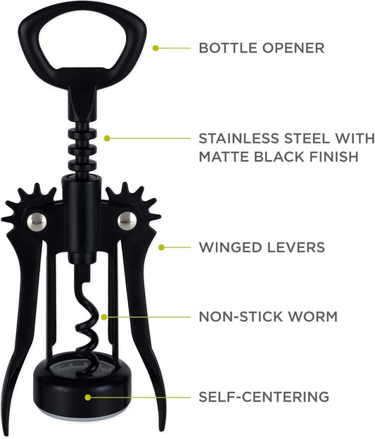 Soar Winged Corkscrew Wine Opener, Multi-Purpose Bottle Opener for Beer and Soda, Stainless Steel with Chrome Finish, Easy to Remove Cork for Bartenders, Home Bar, Kitchen, Set of 1, Matte Black