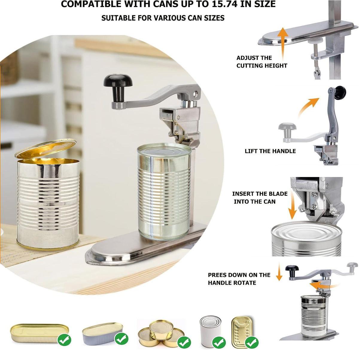 Commercial Can Opener Heavy Duty,27.5” Manual Can Opener for Large Cans Up to 17.7”, Tabletop Industrial Can Opener with Replaceable Blade for Restaurants, Bars, Canteens