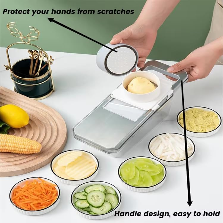 Mandoline Slicer & Vegetable Cutter – 6-in-1 Manual Food Chopper with Container – Stainless Steel Blades for Onions, Fruits & Vegetables – BPA-Free, Dishwasher Safe, Non-Slip Base, Easy Meal Prep