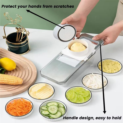 Mandoline Slicer & Vegetable Cutter – 6-in-1 Manual Food Chopper with Container – Stainless Steel Blades for Onions, Fruits & Vegetables – BPA-Free, Dishwasher Safe, Non-Slip Base, Easy Meal Prep
