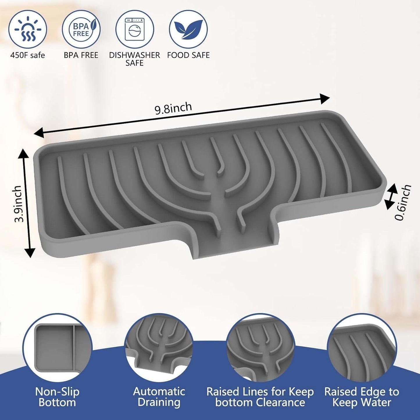 Silicone Sponge Holder for Kitchen Sink, (10x4 In) Sink Caddy with Drain Spout, Self Draining Soap Tray & Organizer, Kitchen Accessories,Bathroom Organizer, Easy to Clean (Grey)