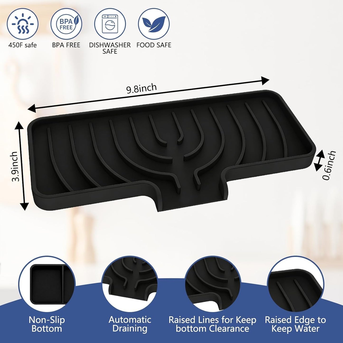 Silicone Sponge Holder for Kitchen Sink, (10x4 In) Sink Caddy with Drain Spout, Self Draining Soap Tray & Organizer, Kitchen Accessories,Bathroom Organizer, Easy to Clean (Grey)