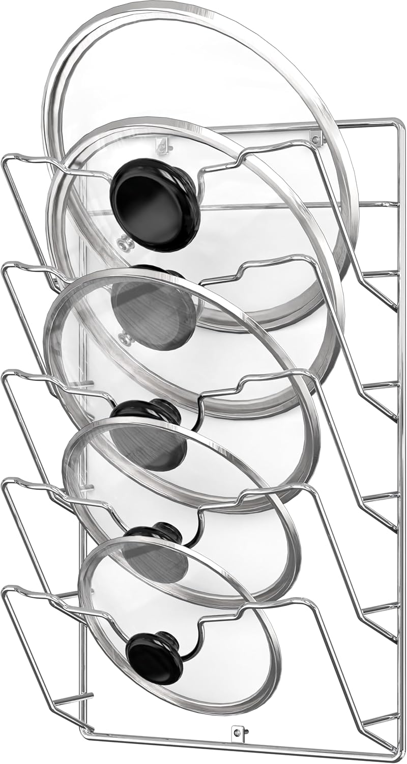 Wall Door Mounted Pot Lid Rack Organizer, Chrome Finish | 9.5" W x 4.5" D x 17.2" H Shelf