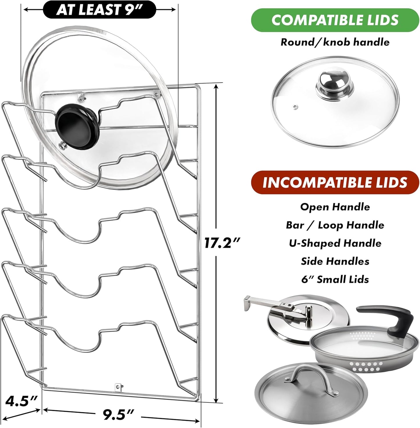 Wall Door Mounted Pot Lid Rack Organizer, Chrome Finish | 9.5" W x 4.5" D x 17.2" H Shelf